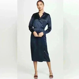 Vince Silk Charmeuse Long-Sleeve Wrap Dress In Baltic (Navy) Small EUC!